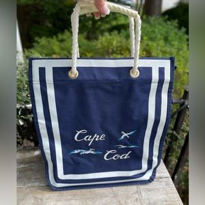 Vintage Navy Blue & white canvas bag large Tote CAPE COD